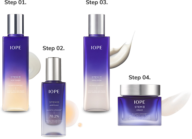 Steps: Step 1 StemⅢ Softener, Step 2 StemⅢ Ampoule, Step 3 StemⅢ Emulsion, Step 4 StemⅢ Cream
